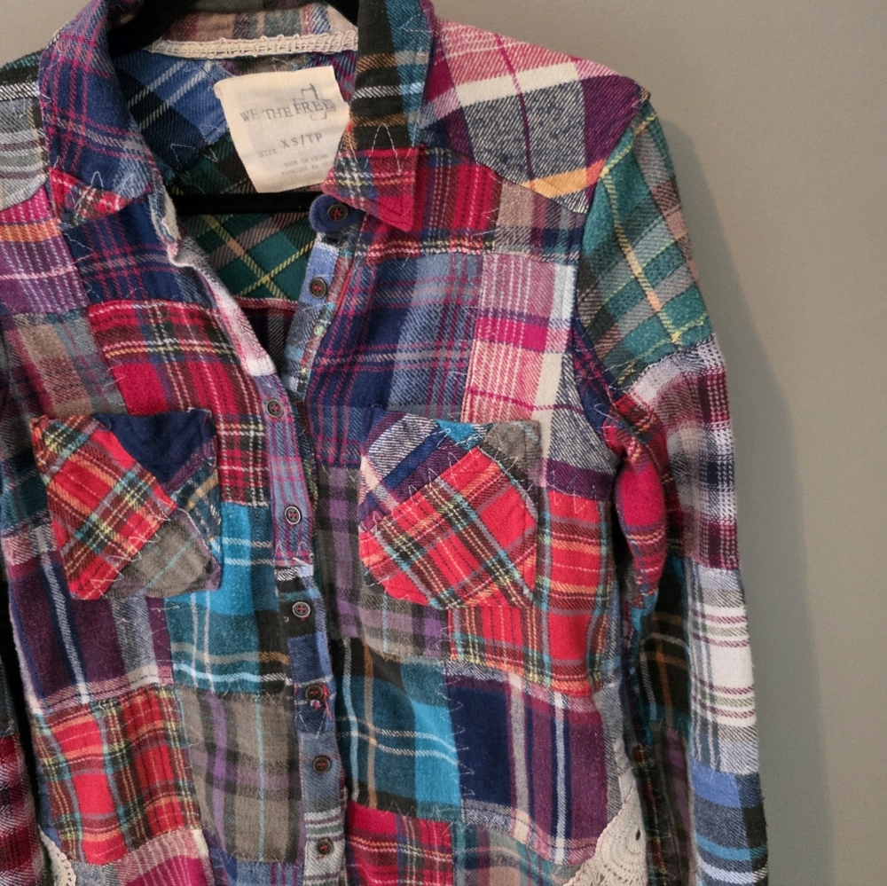 Free People We The Free Lost In Plaid Patchwork Flannel Top Size XS - Picture 3 of 13